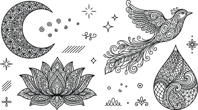 Boho celestial vector illustration set with detailed mandala crescent moon lotus flower flying phoenix bird and water teardrop