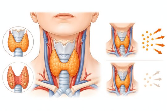 Hypothyroidism thyroid gland anatomy diagram, endocrinology medical illustration, thyroid gland anatomy showing lobes, parathyroids and diminished hormone output in hypothyroidism. 