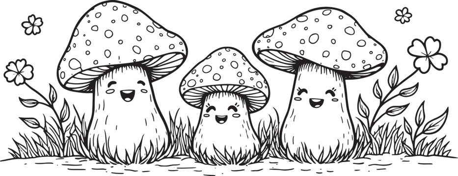 Cute happy cartoon mushrooms with flowers line art illustration Vector