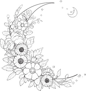 Crescent moon shape made of beautiful flowers and stars black line art Vector