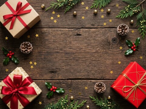 Christmas gift boxes with red ribbons on a dark rustic wooden background with festive pine branches and decorations isolated on white background