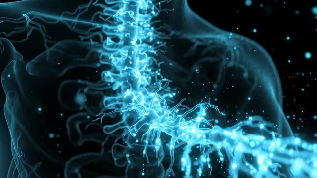 Medical Animation of Glowing Spinal Cord Nerve Network. Abstract visualization of human nervous system, bioluminescent neural pathways, and spinal anatomy for healthcare, research, and science.