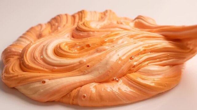 Orange slime dripping and swirling in slow motion. High quality close up of gooey textured putty flowing and mixing to show satisfying sensory play and stress relief visuals.