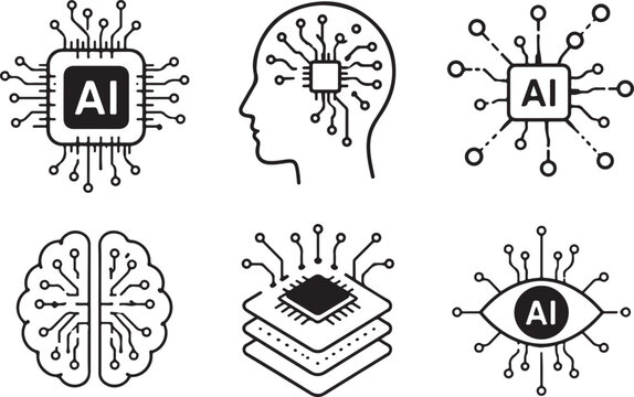 Set of black and white artificial intelligence icons and technology symbols Vector