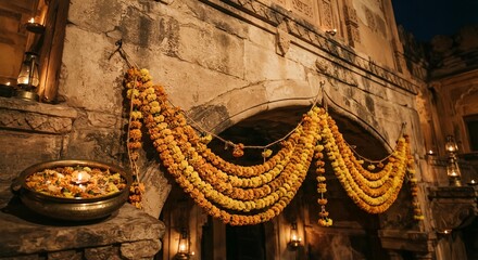 Fototapeta premium Traditional Diwali Marigold Garland Decoration on Stone Archway, Festive Home Decor and Interior Styling Concept