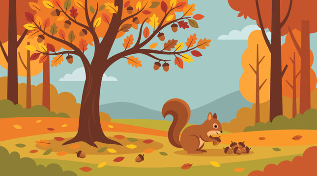 Cute squirrel gathering acorns in a colorful autumn forest landscape