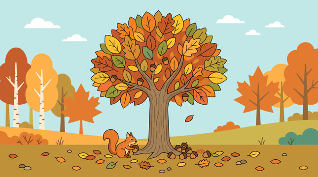 Cute squirrel collecting acorns under a colorful autumn tree in the forest