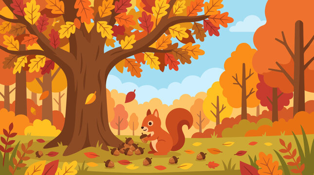 Cute squirrel gathering acorns under a large autumn tree in a colorful forest landscape