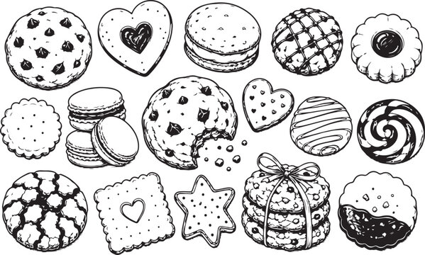 Hand drawn set of various delicious cookies and biscuits illustrations Vector