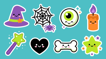 Fototapeta premium Festive halloween vector sticker set featuring adorable cute characters like a smiling witch hat spider eyeball candle and magic wand