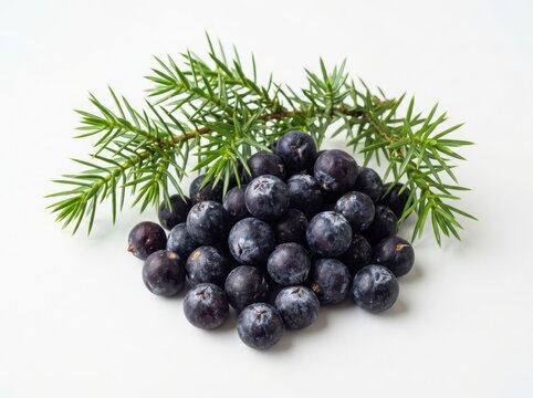Fresh organic juniper berries with green pine needles branch for cooking and gin flavoring isolated on white background