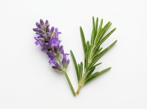 Fresh purple lavender flower sprig and green rosemary herb branch for cooking and aromatherapy isolated on white background