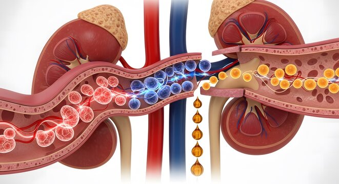 3D medical illustration showing kidney function and blood flow.