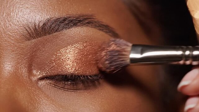 Neutral person applying makeup to the eyebrow area in a close-up view of their face, showcasing the use of eyeshadow powder and brush material. The scene is set against a clean background.