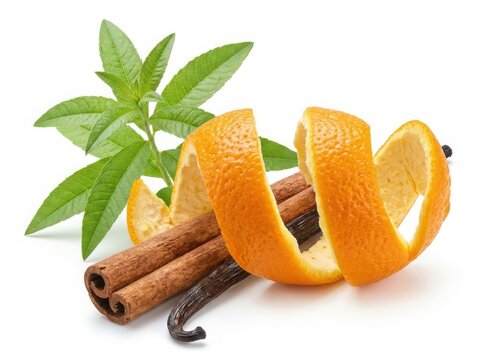 Fresh orange peel with cinnamon sticks and vanilla bean with green leaves for flavoring and baking ingredients isolated on white background