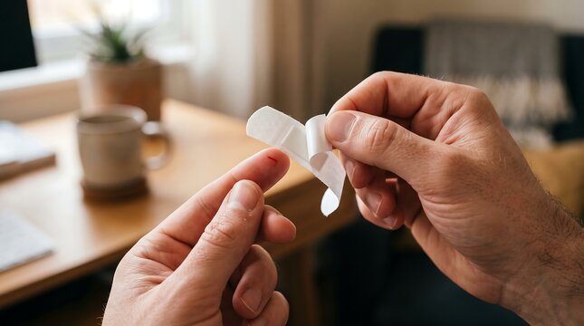 Applying a bandage to a cut finger for healing and protection
