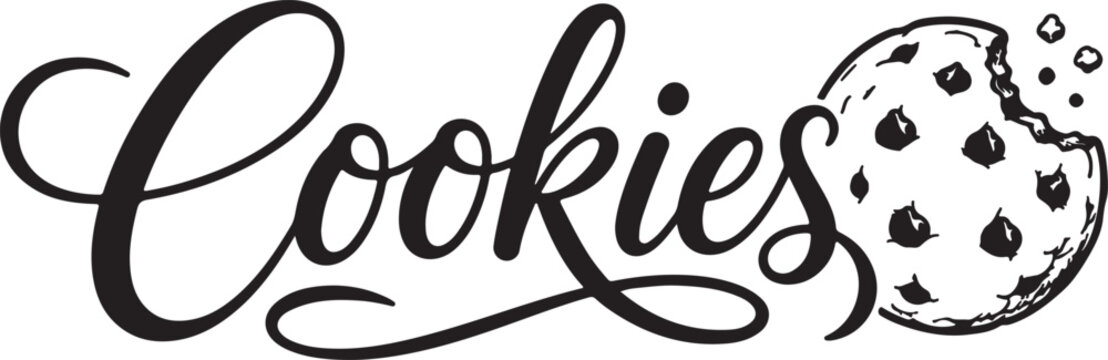Black and white hand drawn cookies word art with a chocolate chip cookie icon Vector