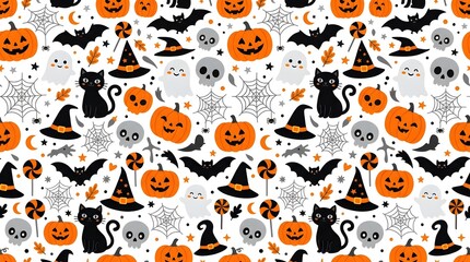 Fototapeta premium Halloween pattern with pumpkins cats and spooky icons