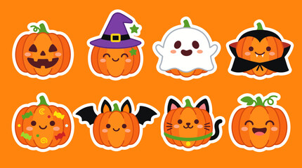 Fototapeta premium Cute halloween pumpkin sticker set featuring various adorable characters like ghosts bats and cats in a flat vector graphic design
