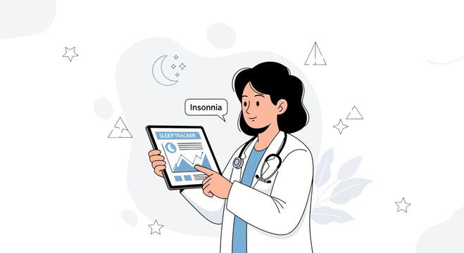 Doctor analyzing sleep tracker data for insomnia diagnosis and treatment, vector illustration
