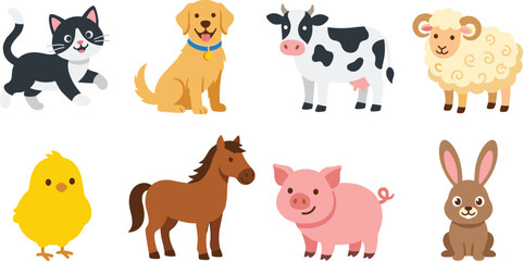 Fototapeta premium Cute cartoon farm animals and domestic pets vector illustration collection isolated on white background