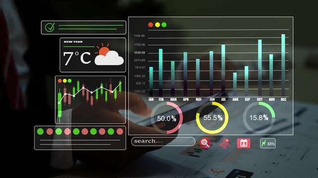 Digital holographic business dashboard with charts weather widget and search bar over a desk, Digital business data analysis planning and modern office