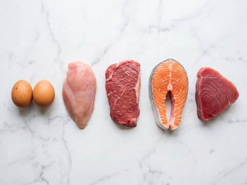 Fresh raw meat and fish selection including chicken breast beef steak salmon fillet and eggs for healthy cooking isolated on white background