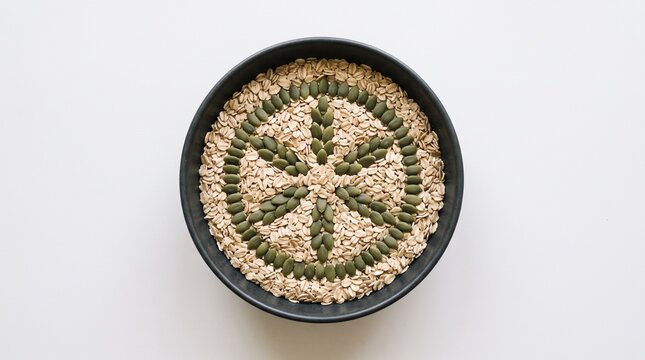 Circular pattern of oats and pumpkin seeds in a dark bowl