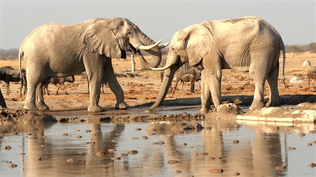 3 big african elephants, Loxodonta africana, with massive tusks drinking at waterhole 124 
