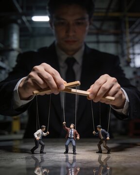 Businessman manipulating people like puppets, symbolizing control and influence.