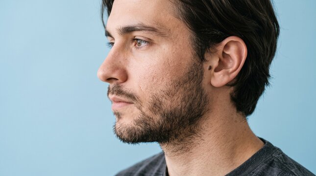 Close up profile of a young man with acne scars and beard against a blue background