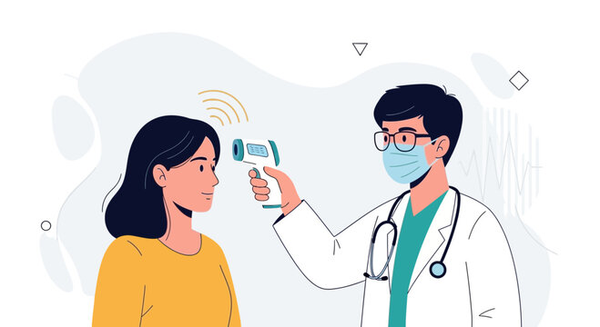 Doctor checks patient's temperature with infrared thermometer, highlighting healthcare, safety, and health screening.