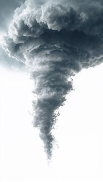 Powerful tornado funnel descending from massive storm clouds against a clean white background, illustrating the destructive force of extreme weather, natural disasters and atmospheric phenomena.
