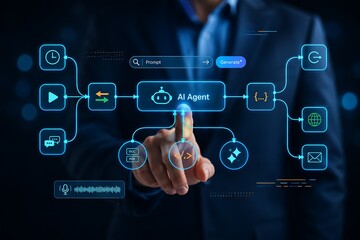 Obraz premium AI agent processing data and generating output with flow chart and digital interface.