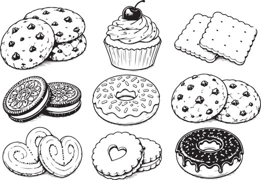 Hand drawn set of sweet desserts and cookies isolated on white background Vector