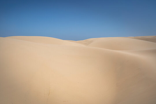 Rolling sand dunes under a clear blue sky at Guadalupe-Nipomo Dunes in California.