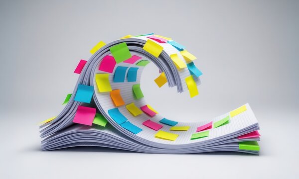 Colorful stacked paper sheets forming wave shape on white background minimal design