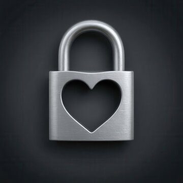 Silver padlock with heart cutout on dark background minimalist close up