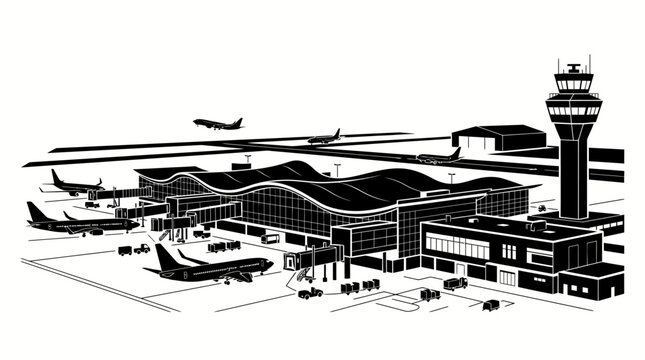 Airplanes land and take off from a bustling airport terminal with a control tower.