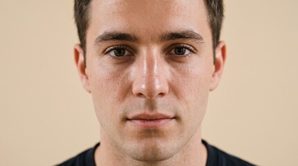 Naklejka premium Close up portrait of a young man's face with brown eyes and dark hair