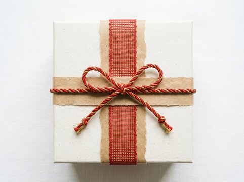 Small square gift box wrapped in brown paper with a decorative red ribbon and a rustic twine bow for holidays isolated on white background