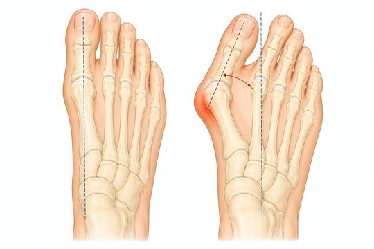 Bunion hallux valgus foot deformity diagram, podiatry orthopedic medical illustration. Diagram comparing normal foot alignment vs hallux valgus bunion showing valgus angle and metatarsal deviation