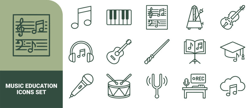 Music education icon set featuring musical instruments, notes, staff, metronome, microphone, and recording equipment in dark green line style on a light background