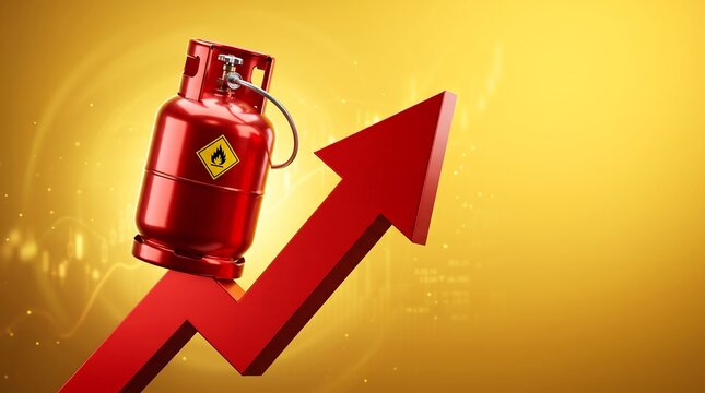 Single red LPG gas cylinder balanced on a rising red trend arrow against a golden gradient background with abstract financial data visualization