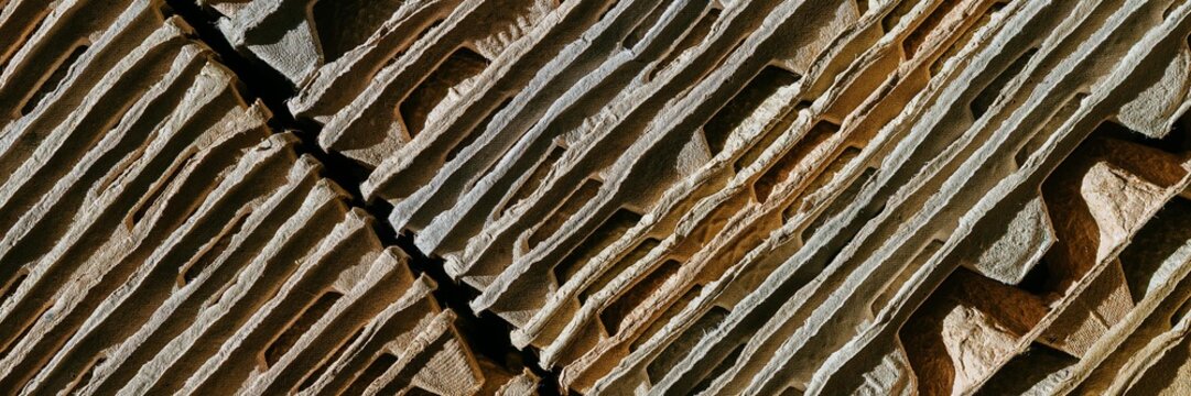 Stack of recycled cardboard egg cartons arranged in rows. Sustainable material and sorting process for waste management and ecological conservation. Industrial paper pulp design pattern.