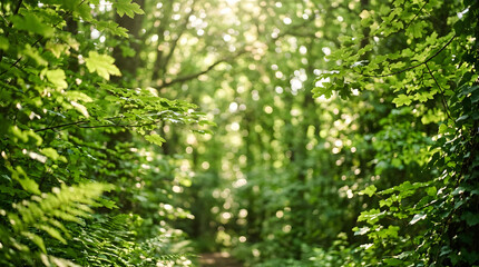  "Beautifully blurred background of lush green forest leaves and sunlight filtering through, creating soft bokeh circles. Fresh, calming nature backdrop for wellness or eco projects." © Luda