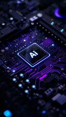 Futuristic AI processor embedded on a high-tech circuit board illuminated by vibrant blue and purple neon lights, symbolizing artificial intelligence, advanced computing and digital innovation. © Curioso.Photography