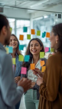 Diverse business team collaborating during a creative brainstorming session with sticky notes in a modern office, showcasing teamwork, innovation and effective communication.