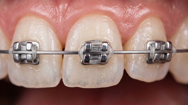 Closeup of upper front teeth with metal braces, archwire, and clear elastic ligatures