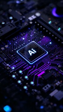 Futuristic AI processor embedded on a high-tech circuit board illuminated by vibrant blue and purple neon lights, symbolizing artificial intelligence, advanced computing and digital innovation.